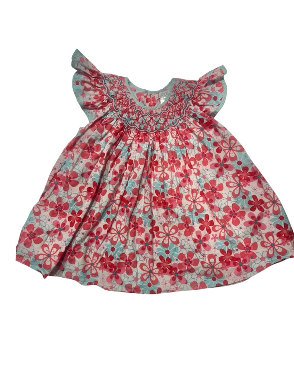 PETIT AMI Girl’s Dress Bishop Smocked Pink and Aqua Floral Flutter Sleeve Size 4